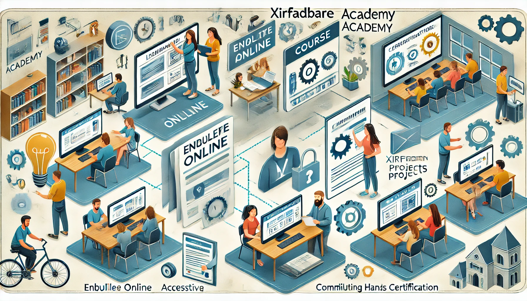 DALL·E 2024-06-20 07.48.12 – An illustrative scene at Xirfadbare Academy demonstrating the learning process. Students enrolling online, accessing course materials, participating i